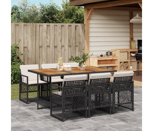 Set de comedor de jardín 7 pzas y cojines ratán sintético negro