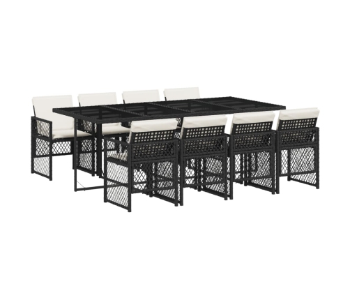 Set de comedor de jardín 9 pzas y cojines ratán sintético negro