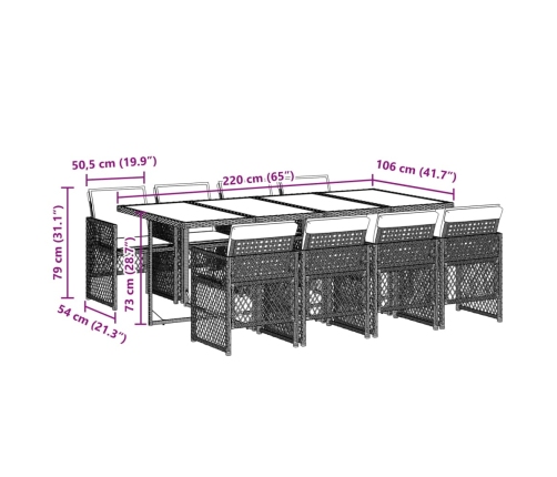 Set comedor jardín 9 pzas y cojines ratán sintético gris