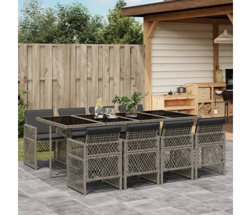 Set comedor jardín 9 pzas y cojines ratán sintético gris
