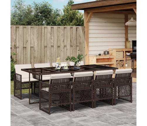 Set comedor para jardín 9 pzas y cojines ratán sintético marrón