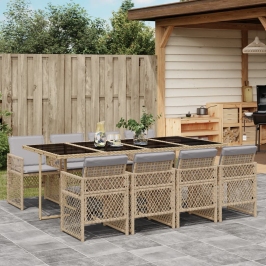 Set comedor de jardín 9 pzas con cojines ratán sintético beige