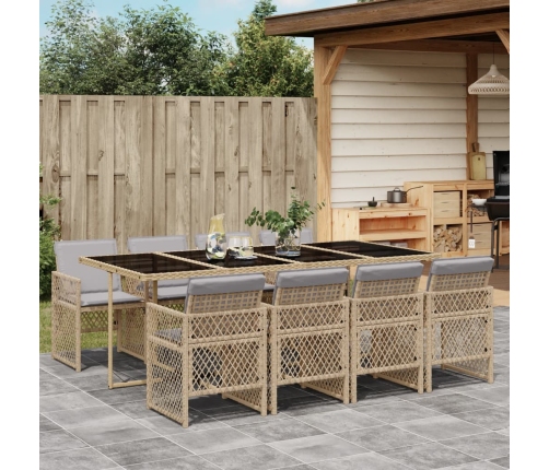 Set comedor de jardín 9 pzas con cojines ratán sintético beige