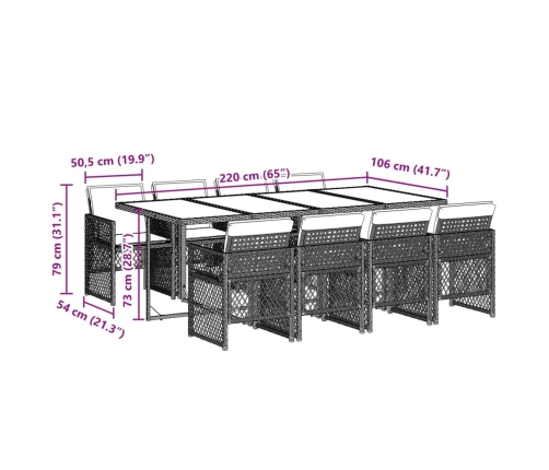 Set comedor jardín 9 pzas y cojines ratán sintético gris