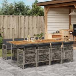 Set comedor jardín 9 pzas y cojines ratán sintético gris