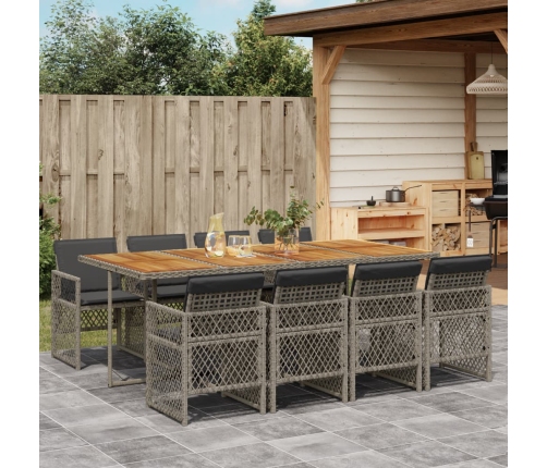 Set comedor jardín 9 pzas y cojines ratán sintético gris