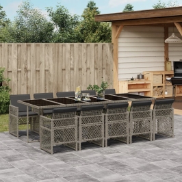 Set de comedor de jardín 11 pzas y cojines ratán sintético gris