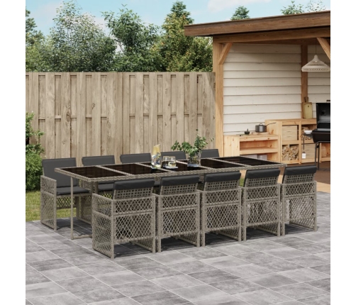 Set de comedor de jardín 11 pzas y cojines ratán sintético gris