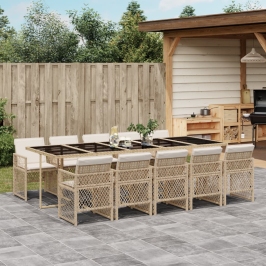 Set comedor de jardín 11 pzas con cojines ratán sintético beige