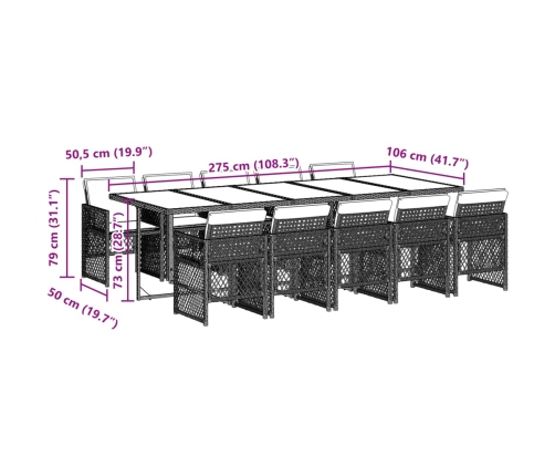 Set de comedor jardín 11 pzas con cojines ratán sintético negro