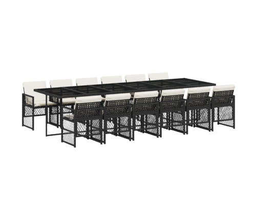 Set comedor de jardín con cojines 13 pzas ratán sintético negro