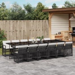 Set comedor de jardín con cojines 13 pzas ratán sintético negro