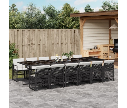 Set comedor de jardín con cojines 13 pzas ratán sintético negro