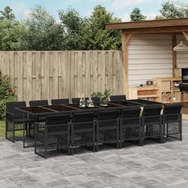 Set comedor de jardín con cojines 13 pzas ratán sintético negro