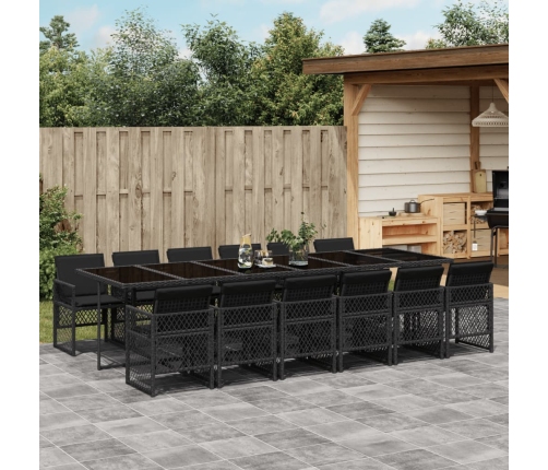 Set comedor de jardín con cojines 13 pzas ratán sintético negro