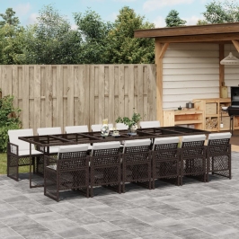 Set muebles de jardín 13 pzas y cojines ratán sintético marrón