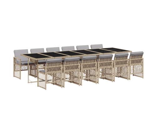 Set comedor de jardín con cojines 13 pzas ratán sintético beige