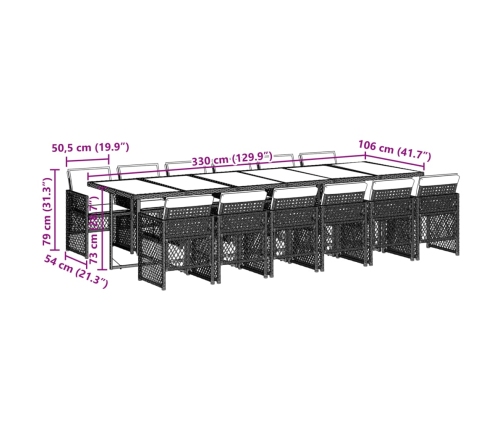 Set comedor de jardín con cojines 13 pzas ratán sintético beige