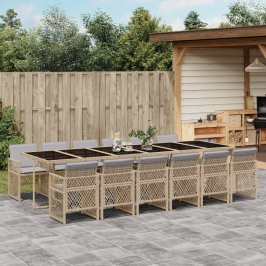 Set comedor de jardín con cojines 13 pzas ratán sintético beige