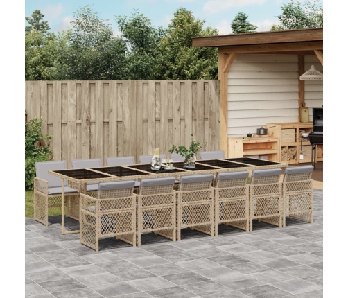 Set comedor de jardín con cojines 13 pzas ratán sintético beige