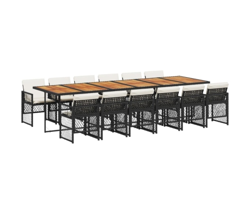 Set comedor de jardín con cojines 13 pzas ratán sintético negro