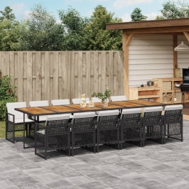 Set comedor de jardín con cojines 13 pzas ratán sintético negro