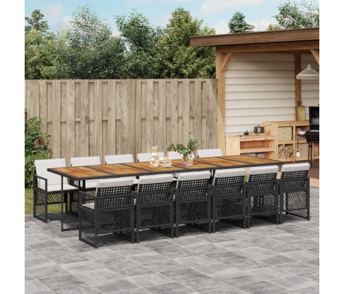 Set comedor de jardín con cojines 13 pzas ratán sintético negro