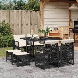 Set de comedor de jardín 9 pzas y cojines ratán sintético negro