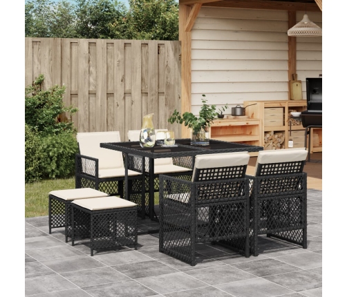 Set de comedor de jardín 9 pzas y cojines ratán sintético negro