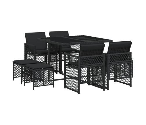 Set de comedor de jardín 9 pzas y cojines ratán sintético negro