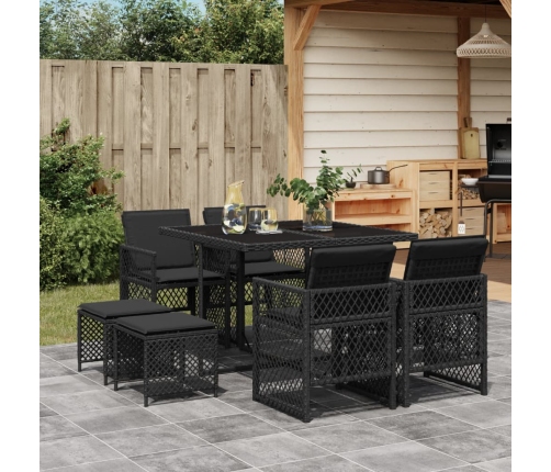 Set de comedor de jardín 9 pzas y cojines ratán sintético negro