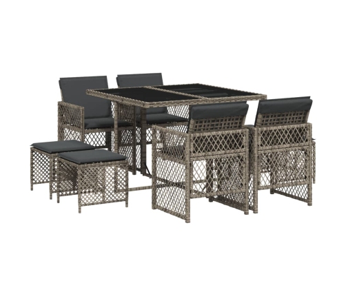 Set comedor jardín 9 pzas y cojines ratán sintético gris