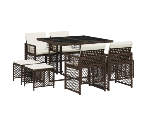 Set comedor para jardín 9 pzas y cojines ratán sintético marrón