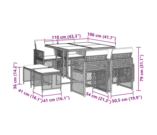 Set comedor para jardín 9 pzas y cojines ratán sintético marrón
