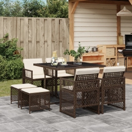 Set comedor para jardín 9 pzas y cojines ratán sintético marrón