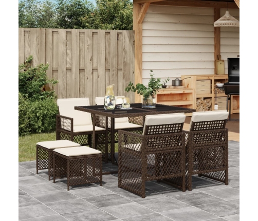 Set comedor para jardín 9 pzas y cojines ratán sintético marrón