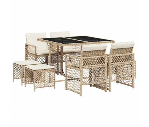 Set comedor de jardín 9 pzas con cojines ratán sintético beige