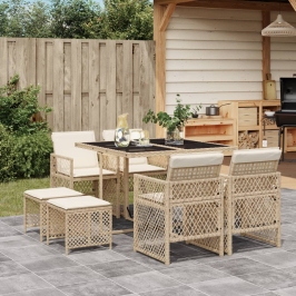 Set comedor de jardín 9 pzas con cojines ratán sintético beige