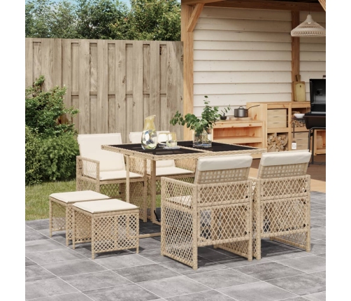 Set comedor de jardín 9 pzas con cojines ratán sintético beige