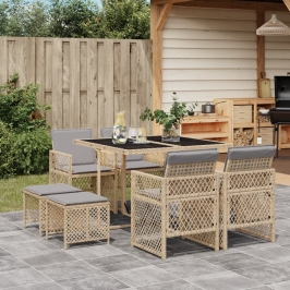 Set comedor de jardín 9 pzas con cojines ratán sintético beige