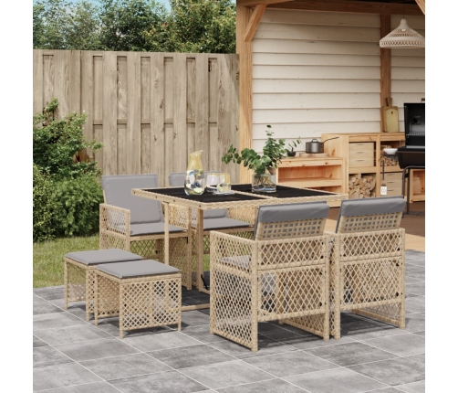 Set comedor de jardín 9 pzas con cojines ratán sintético beige