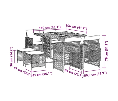Set comedor jardín 9 pzas y cojines ratán sintético gris