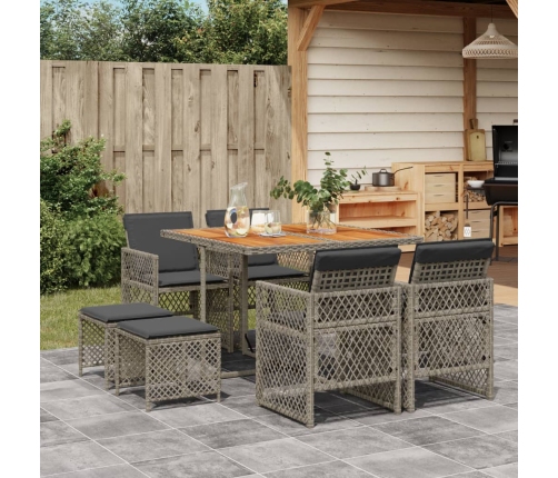 Set comedor jardín 9 pzas y cojines ratán sintético gris