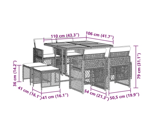 Set de comedor de jardín 9 pzas y cojines ratán sintético negro