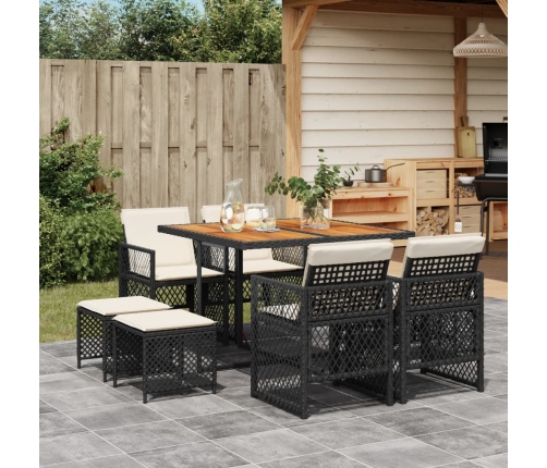 Set de comedor de jardín 9 pzas y cojines ratán sintético negro