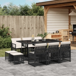 Set de comedor jardín 11 pzas con cojines ratán sintético negro