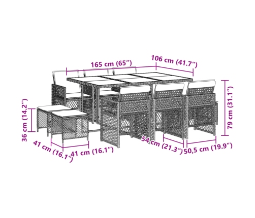 Set de comedor de jardín 11 pzas y cojines ratán sintético gris