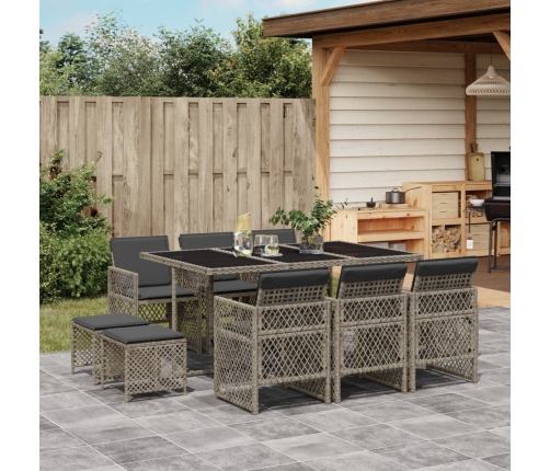 Set de comedor de jardín 11 pzas y cojines ratán sintético gris