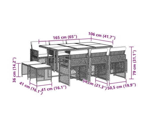 Set comedor de jardín 11 pzas y cojines ratán sintético marrón