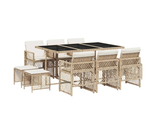 Set comedor de jardín 11 pzas con cojines ratán sintético beige